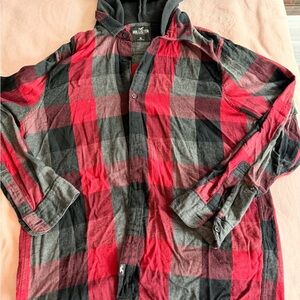 Hollister Red and Black Plaid Hooded Flannel Shirt Jacket